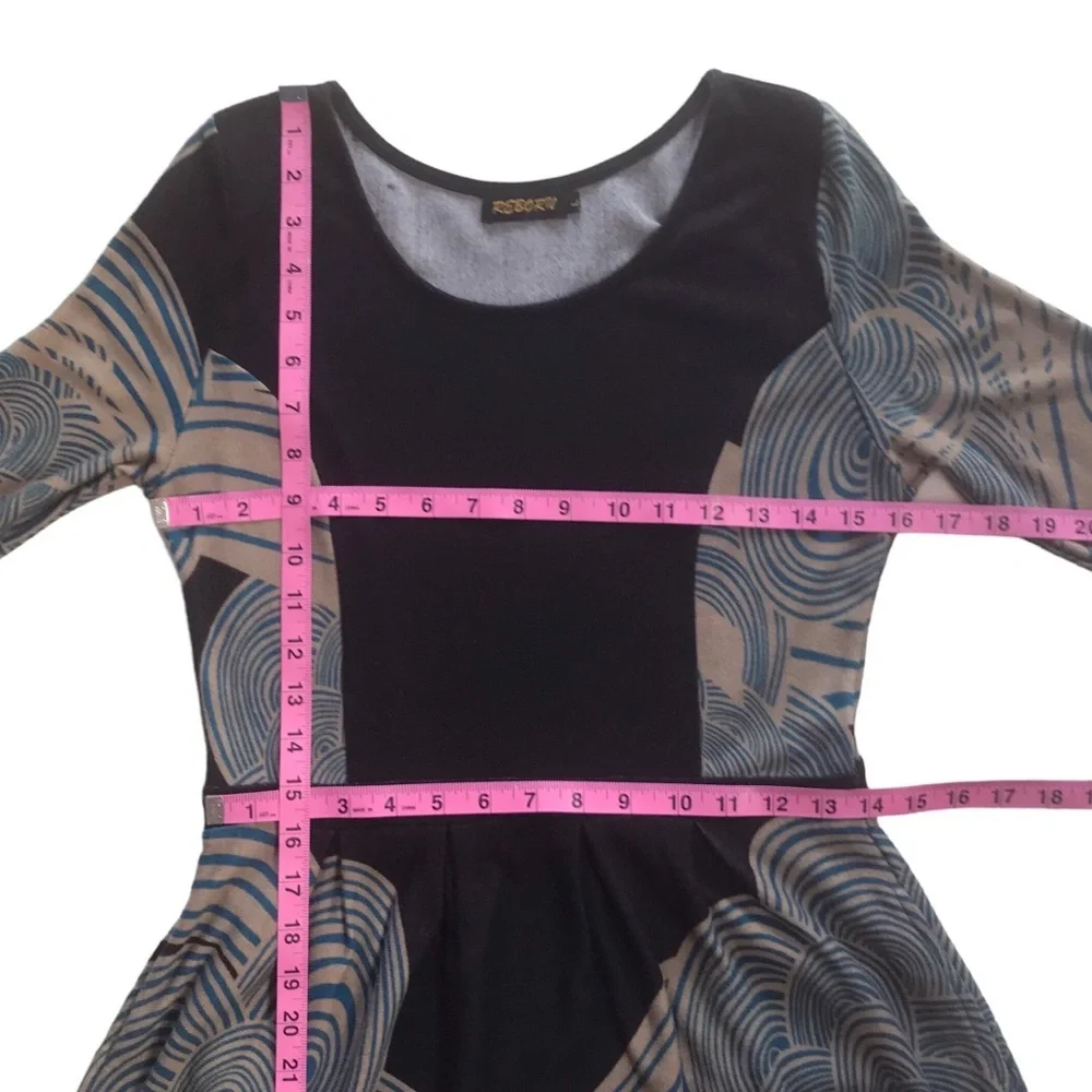 REBORN Boho Swirls Dress Pockets Size L Black Blue Art Deco 3/4 Sleeves Comfy